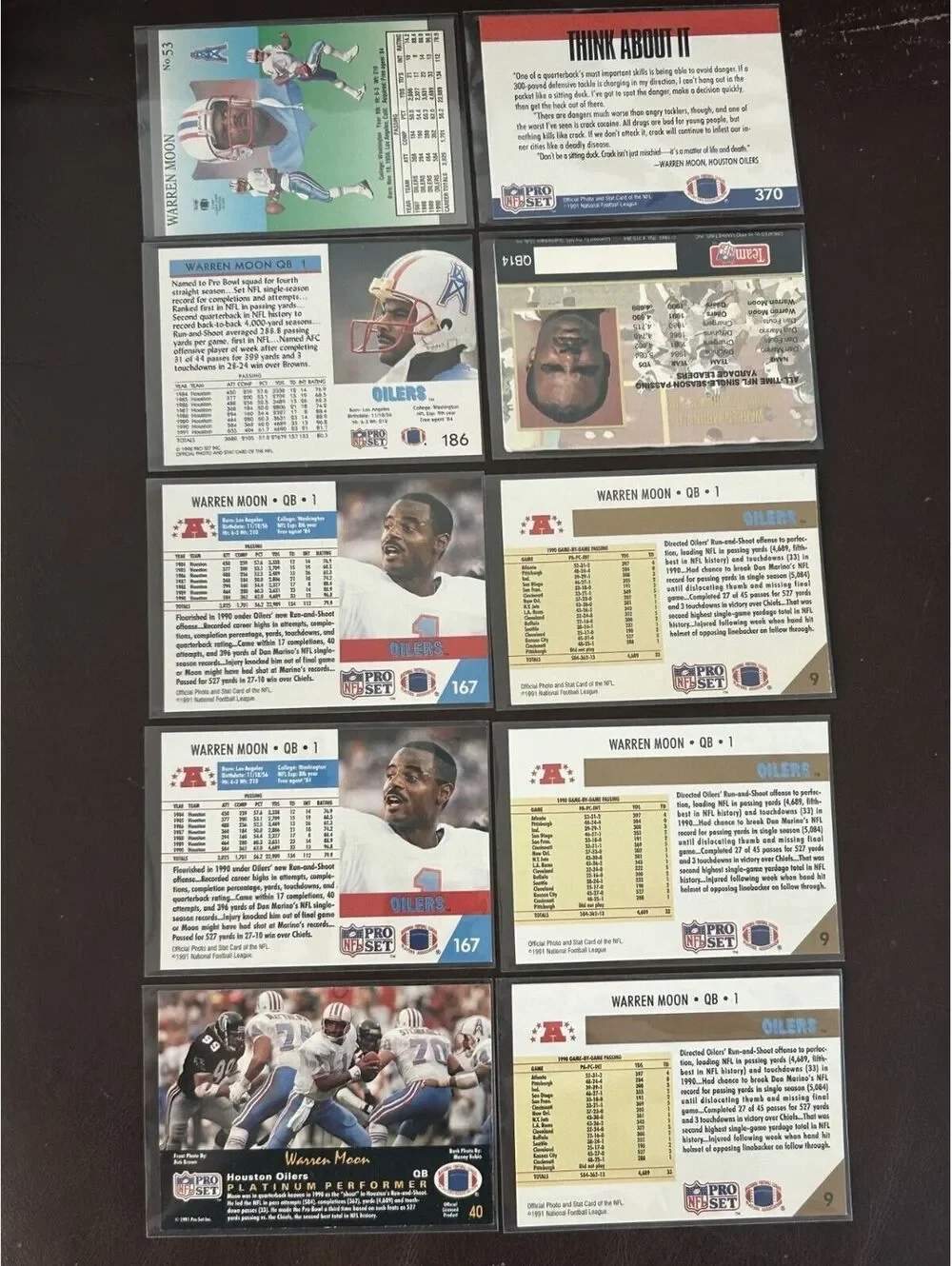 HOF ALL PRO QB WARREN MOON VINTAGE COLLECTION PANINI/PRO SET/FLEER 22 CARD LOT